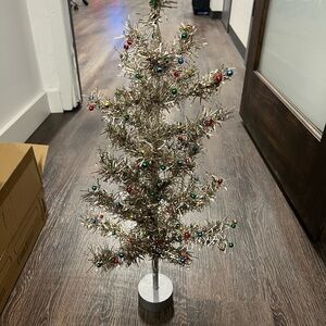 West Elm Silver Tinsel Christmas Tree with Multicolor Ornaments